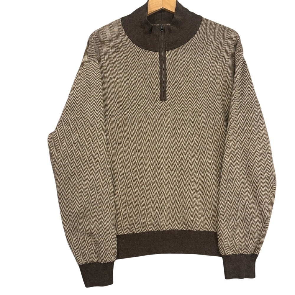 J.Crew Re-Imagined Qtr Zip Sweater Men's L Brown‎ Herringbone Preppy Casual